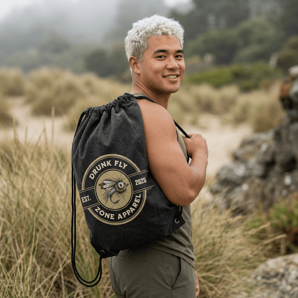 Drawstring Bag – Vintage Fishing Fly Logo, Est. 2025