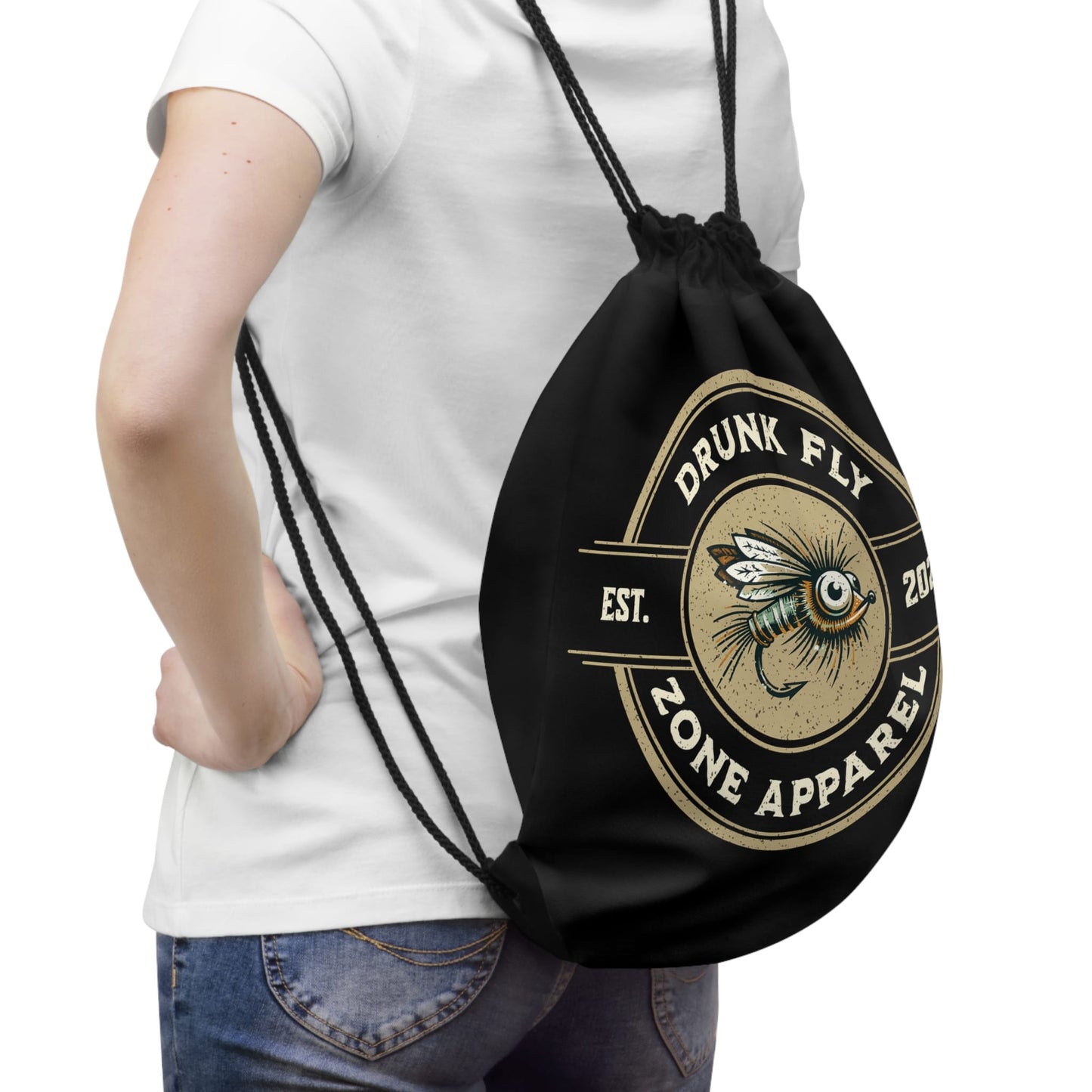 Drawstring Bag – Vintage Fishing Fly Logo, Est. 2025